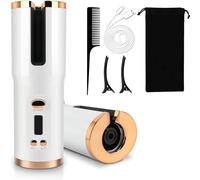 Automatic Curling Iron, Cordless Auto Hair Curler with 6 Temps & Timers, Rechargeable Ceramic Barrel Hair Curlers, Portable Rotating Curling Wave Wand Styling Tool, Auto Shut Off (White)