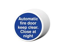 Automatic Fire Door Keep Clear Close At Night Signs 80mm x 80mm Multi Pack Strong Adhesive Vinyl Stickers for Fire Door Safety (12)