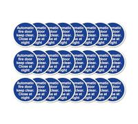 Automatic Fire Door Keep Clear Close At Night Signs 80mm x 80mm Multi Pack Strong Adhesive Vinyl Stickers for Fire Door Safety (24)
