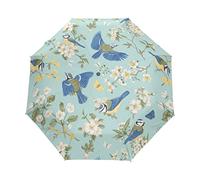 Automatic Folding Umbrella, Blooming Flowers Birds On Teal Windproof Strong UV Protection Umbrella, Portable Sun and Rain Umbrellas for Children Women Men