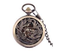 Automatic Mechanical Pocket Watch Vintage Lucky Dragon Phoenix Hollow Engraved Flip Cover 2 Inch Dial Arabic Numeral Display with Chain Men's Watch (Color : A) (A)