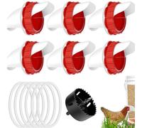 Automatic Poultry Drinker,6PCS Rainproof Chicken Feeder Kit with 6 Ports 1 Hole Saw Plastic Safe Chicken Feeders Set for Buckets Barrels Bins TroughsRed Plastic Chicken Water Dispenser