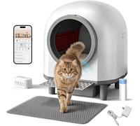Automatic Self Cleaning Litter Box for Multiple Cats 90L Large Capacity, Smart Automatic Cat Litter Box with App Control, Health Monitoring, Integrated Safety Sensors, Odor Removal, Mat (Gray White)