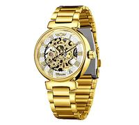 Automatic Watch for Men Retro Roman Gold Skeleton Luminous Fashion Waterproof Wrist Watch (White)