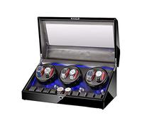 Automatic Watch Winder Box 6+10 with Blue LED Light in Wood Shell and Leather Extremely Silent Motor 4 Rotation Modes (D)