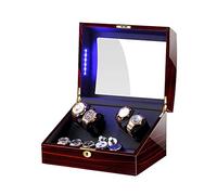 Automatic Watch Winder Box for 4 Watches + 6 Storage with LED Light Soft Watch Pillow Piano Paint Exterior Quiet Motor (Red+black)