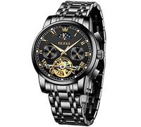 Automatic Watches for Men Skeleton Mechanical Moon Phase Wrist Watch Tourbillon Self Winding Stainless Steel Watches Waterproof Luminous Roman Numerals Men's Watch, black band 6617, ROUND