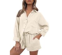 AUTOMET 2 Piece Outfits For Women Lounge Sets Pajama Sets Long Sleeve Button Down Oversized Shirts And Shorts Fall Tracksuit, 01beige, S