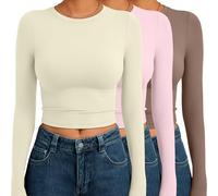 AUTOMET 3 Pack Womens Long Sleeve Shirts Y2K Going Out Crop Tops Cute Basic Slim Fitted Fall Fashion Outfits 2026 Clothes, Apricotpinkcoffegrey, S
