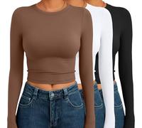 AUTOMET 3 Pack Womens Long Sleeve Shirts Y2K Going Out Crop Tops Cute Basic Slim Fitted Fall Fashion Outfits 2026 Clothes, Brownwhiteblack, S