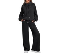 AUTOMET Lounge Sets for Women Sweatsuits 2 Piece Outfits 2024 Fall Drawstring Sweatshirt Wide Leg Sweatpants Tracksuit, Black, Medium