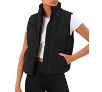 AUTOMET Puffer Vest Women Sleeveless Winter Cropped Outerwear Warm Puffer Lightweight Stand-up Collar Down with Pockets, Black, L