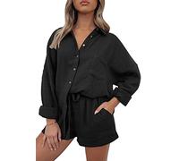 AUTOMET Women's 2 Piece Lounge Sets Casual Comfy Outfits Long Sleeve Button Down Oversized Shirts And Shorts Fall Tracksuit, Black, Small