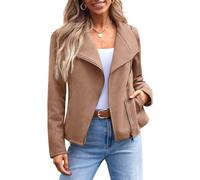 AUTOMET Womens Faux Leather Jackets Suede Fall Fashion 2025 Outfits Winter Clothes Open Front Cropped Coat Outwear, Camel, S