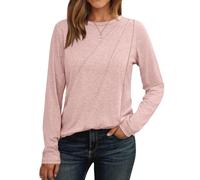 AUTOMET Womens Long Sleeve Shirts Pleated Crew Neck Casual Fall Fashion Tops Loose Fit Lightweight Girls Outfits Clothes, Pink, M