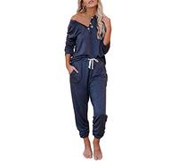 AUTOMET Women's Lounge Sets Loungewear Long Short Sleeve Pyjama Sets with Jogging Bottoms Sweatsuits 2 Piece Outfit, navy, M