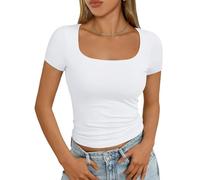 AUTOMET Womens Short Sleeve T Shirts Double Lined Square Neck Going Out Crop Tops Summer Cute Clothes Basics Tees, White, M