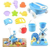 AUTOMP Beach Sand Toy Set with Interactive Windmill & Water Wheel, 12 PCS Kids Sand Toys with Wagon, 6 Molds, 2 Claws, Watering Can for Beach Sandpit, Outdoor Toys Gift