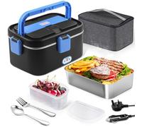 AUTOPkio Electric Lunch Box 1.8L 80W, 12V/24V/220V Upgraded Large Heated Lunchbox Heating Food Warmer with Carry Bag Fork Spoon for Car Truck Office (Black and Blue)