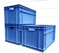 AUTORCE 3x 66L Heavy Duty Plastic Storage Boxes - Large Industrial Euro Containers 600x400x320mm - Stackable Crates for Warehouse, Garage, Tools, Home & Commercial Use (Blue)