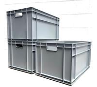 AUTORCE 3x 66L Heavy Duty Plastic Storage Boxes - Large Industrial Euro Containers 600x400x320mm - Stackable Crates for Warehouse, Garage, Tools, Home & Commercial Use (Grey)