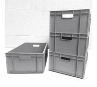 AUTORCE 4x 46L Heavy Duty Plastic Storage Boxes - Industrial Euro Stacking Containers 600x400x230 (h) mm - Durable Stackable Crates for Warehouse, Garage, Tools, Home & Commercial Use (Grey)