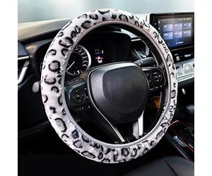 AUTOXBERT Leopard Print Steering Wheel Cover Universal 15 Inch Elastic Plush Softy Fluffy Steering Wheel Cover for Women Girls Winter Warm Fit Suvs, Vans, sedans, Cars, Trucks