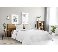 Autrefois White Oasis Quilted Bedspread, Soft and Light - Plain Boutis 240 x 260 cm - 2 Seater with Two Pillowcases 65 x 65 cm - Palm Leaves Motif - Microfibre Blanket