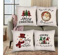Autrucker Merry Christmas Pillowcases Set of 4, 18" x 18" Christmas Trees Santa Claus Xmas Snowman Gnome Throw Cushion Covers, Christmas Throw Cushion Cases Decorative Winter Holiday for Couch
