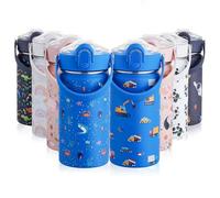 Autsel 420ml/14oz Kids Insulated Water Bottle with Straw, Childrens Stainless Steel Water Bottle, Kids Drinks Bottle Leakproof, Metal Girls/Boys Water Bottle Keep Drinks Hot Cold, BPA Free