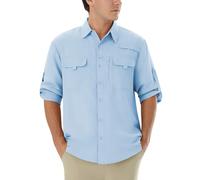 Autsel Mens Hiking Shirts Long Sleeve UPF 50+ Sun Protection Outdoor Shirts Safari Breathable Button-Down Shirt Quick Drying with Pockets for Walking Fishing Wicking Golfing Travel Light Blue L