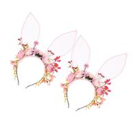 AUTSUPPL 2pcs Bunny Ear Hairbands Floral Headpiece with Faux Flowers Pink Cloth Flocked Materials Unique Whimsical Style Versatile Use Adds to Outfit for Birthday Party Cosplay