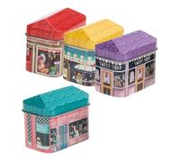 AUTSUPPL 4Pcs Cartoon Tinplate Candy Storage Boxes with Lid Mini House-shaped Containers for Sweets Biscuits Tea Leaves Lightweight Decorative Storage Tins for Kitchen and Bedroom Random