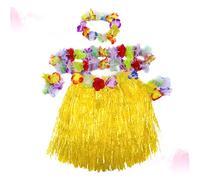 AUTSUPPL Hawaiian Style Grass Skirt Set for 40cm Colorful Costume Set with Flower Headdress Bracelets and Hanging Garland for Luau Party Celebrations Yellow