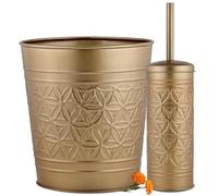 Autumn Alley Farmhouse Gold Bathroom Accessories Set - Includes Gold Bathroom Trash Can & Toilet Brush with Holder, Handcrafted Modern Waste Bin & Standing Toilet Brush, Embossed Metal Design Décor