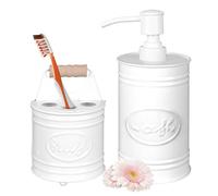 Autumn Alley Kids Bathroom Accessories Set - 2-Piece White Soap Dispenser & Toothbrush Holder, Farmhouse Bathroom Countertop Organizer for Kids, Durable Metal Bathroom Set with Wood Handle