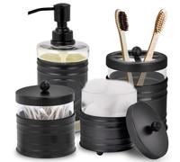 Autumn Alley Modern Farmhouse Glass and Black Bathroom Accessories Set (4 PCS) - Lotion Soap Dispenser, Toothbrush Holder, 2 Apothecary Jars (Qtip Holder) - Rustic Farmhouse Bathroom Decor