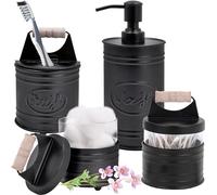 Autumn Alley Rustic Bathroom Accessories Set 4 - Black Farmhouse Soap Dispenser, Toothbrush Holder, 2 Apothecary Jars, Qtip Holder - Rustic Bathroom Decor