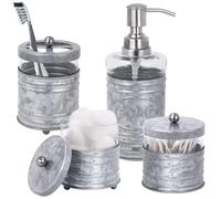 Autumn Alley Rustic Farmhouse Glass and Galvanized Bathroom Accessories Set (4 PCS) - Lotion Soap Dispenser, Toothbrush Holder, 2 Apothecary Jars (Qtip Holder) - Rustic Farmhouse Bathroom Decor