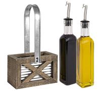 Autumn Alley Rustic Farmhouse Oil and Vinegar Dispenser Set - Oil and Vinegar Caddy Holder Set of Weathered Wood, Galvanized Metal - Adorable Rustic Kitchen Decor -250ml 8 oz