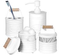 Autumn Alley Rustic Farmhouse White Bathroom Accessories Set (4 PCS) - Lotion Soap Dispenser, Toothbrush Holder, 2 Apothecary Jars (Qtip Holder) - Rustic Farmhouse Bathroom Decor