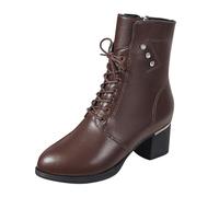 Autumn and Winter New Thick Heel Middle Heel Boots Women's British Style Foreign Trade Fleece Lined Plus Size Side Zipper Middle Boots Womens Boots Flat (Brown, 6.5)