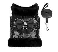 Autumn And Winter Soft Comfortable Warm Fur Dog Harness Shiny Sequin Dog Harness Vest Pet Vest Clothes With Cute Bow Tie Suitable For Small And Medium Dogs And Cats,black,L