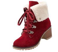 Autumn and Winter Women's Boots Hairy Boot Chunky Heel Lacing Short Boots College Style now Boot Women Red