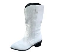 Autumn and Winter Women's Leather Boots Europe and The US Mid Calf Boot PU Pointed Sleeve Big Yards Women's Boots aterproof now Boot White