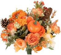 Autumn Artificial Flowers Orange Faux Hydrangea Flowers Autumn Decorations | Fall Fake Flowers Silk Peonies Flowers Bouquet Faux Peony Pumpkins Pine Cones Berries Bouquets for Wedding Party Home Decor