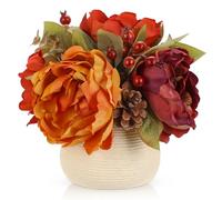 Autumn Artificial Peonies Flowers with Vase Fall Floral Table Centrepiece | Artificial Autumn Centrepiece with Berries Leaves 21cm Small Orange Fall Flower Arrangement for Mantel Rustic Home Decor