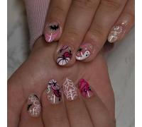 Autumn Bat & Skull Press On Nails Short Oval ABS Fake Nails Easy Application Halloween Bat Framework Unguis Designs