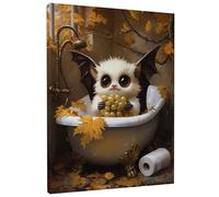 Autumn Bat Wall Art Print, Cute Gothic Creature in Bath with Leaves, Seasonal Home Decor for Living Room, Bedroom, Bathroom, Aesthetic Canvas 16x20 Inch