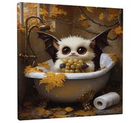 Autumn Bat Wall Art Print, Cute Gothic Creature in Bath with Leaves, Seasonal Home Decor for Living Room, Bedroom, Bathroom, Aesthetic Canvas 12x12 Inch